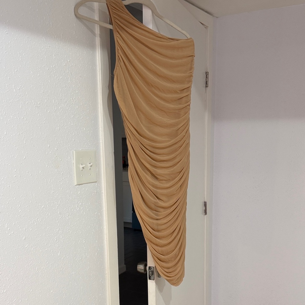 One-Shoulder Tan Ruched Dress